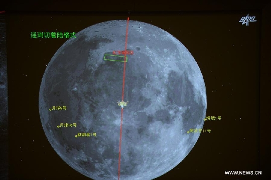 A Chang'e-3 holdszonda leszállási zónája a Szivárvány-öböl és az Esők Tengere északi vidéke között húzódik (kép: CCNTV hírek és www.universetoday.com).