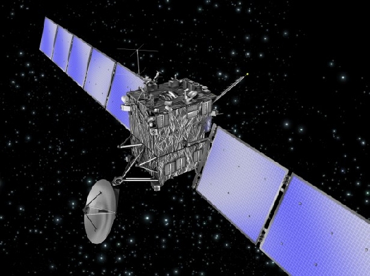 Az ESA Rosetta űrszondája a szétnyitott napelemtáblákkal és a nagy hatótávolságú rádióösszeköttetést biztosító antennájával. (ESA)