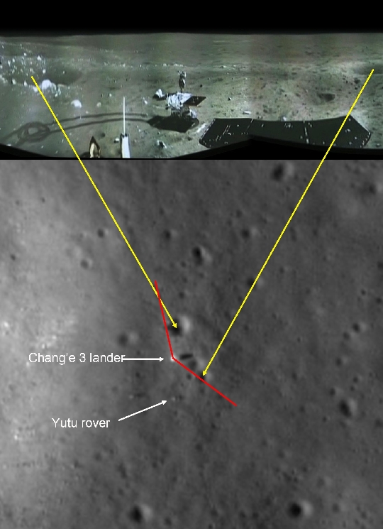 A kínai hodljáró panormáma felvétele a leszállóhelyről (fent) és az ottani felszíni alakzatok jól azonosíthatók a NASA LRO/LROC NAC felvételén (lent). A hatkerekű holdjáró megtett útja és és körbefordulásának nyoma is látható (kép: NASA LRO/LROC NAC, SESE/ASU, 2013. december 30.).