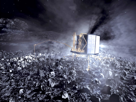 Fantáziarajz az üstökösmagon landolt Philae leszállóegységről.