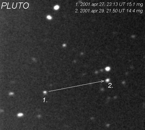 A Plútó elmozdulása: 2001.04.27. 23:13 UT (1) és 2001.04.29. 21:50 UT (2) Kereszty Zsolt CCD-felvétele, 25,4 cm-es Schmidt–Cassegrain-távcső, MX5-16 CCD-kamera
