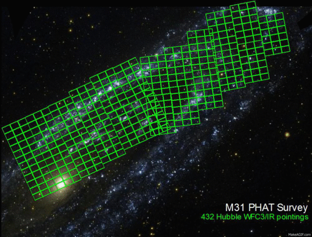 Látványos összehasonlítás az azonos tükörátmérőjű WFIRST és a Hubble-űrtávcső látómezőiről: míg utóbbinak 432 felvétel kellett az Androméda-galaxis negyedének leképezéséhez, addig előbbinek mindehhez két expozíció is elég lesz (gsfc.nasa.gov)