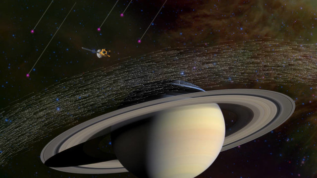Fantáziarajz a Szaturnusz rendszerében keringő Cassini-űrszondáról (NASA/JPL-Caltech)
