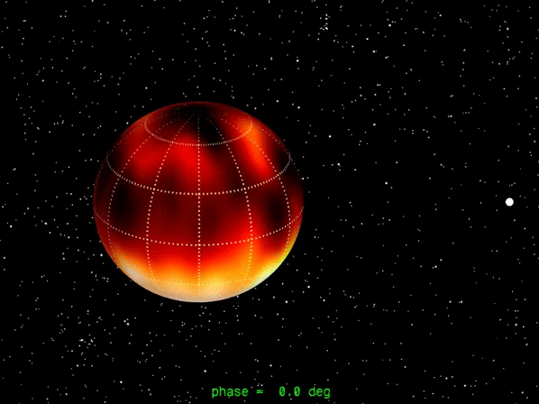 A ζ And kettős csillagrendszer egy korábbi, 2007-es Doppler-leképezés alapján. Ekkor is megvolt a poláris folt a tetején. (Forrás: Bartus János)