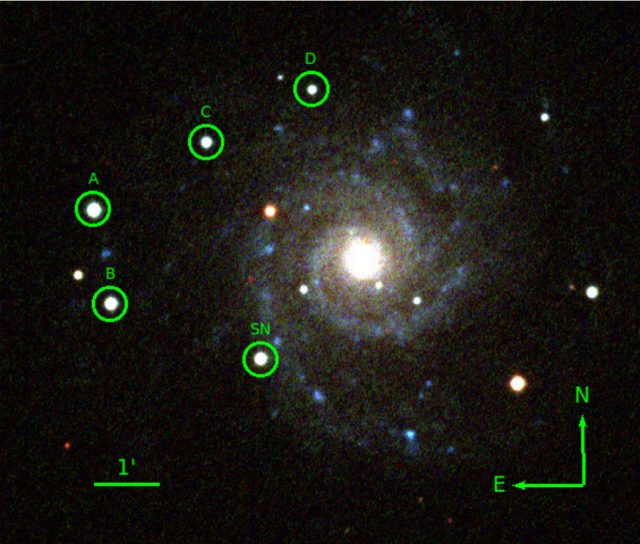 Az SN 2013ej jelű szupernóva az MTA CSFK Csillagászati Intézet Piszkés-tetői Obszervatóriumának 60/90 cm-s Schmidt-távcsövével készült kompozit felvételén. z "SN" jelzés a szupernóvát, az A, B, C, D betűkkel jelölt körök a fényességértékek kiméréséhez használt összehasonlító csillagokat jelzik.