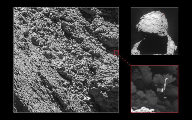 A Philae az üstökös kisebbik lebenyén szállt le. (ESA/Rosetta/MPS for OSIRIS Team MPS/UPD/LAM/IAA/SSO/INTA/UPM/DASP/IDA; ESA/Rosetta/ NavCam)