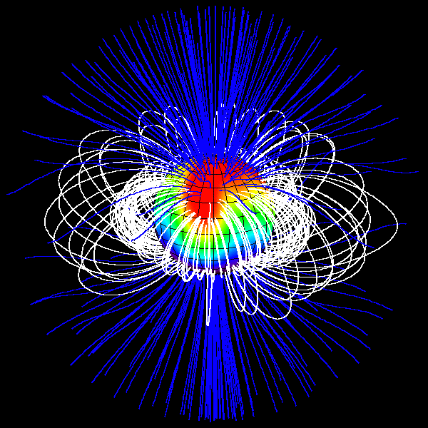 A V374 Peg mágneses tere Zeeman-Doppler leképezés alapján (MM Jardine & JF Donati; Donati et al. 2006,Science, 311, 633)