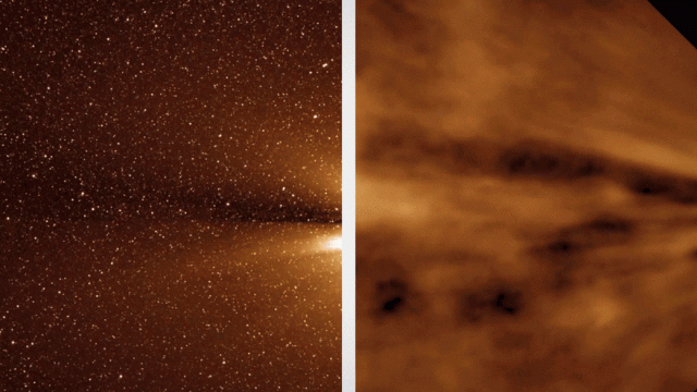 A STEREO eredeti felvételei, csillagokkal és beszűrődő napfénnyel (balra), illetve a megtisztított képek (jobbra). (Forrás: NASA/JHUAPL/NRL, DeForest et al.)