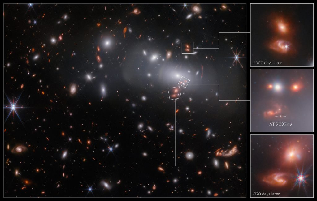 Igazi kozmikus délibáb a legújabb James Webb-fotón: galaxis és szupernóva háromszor is látszik a különleges gravitációs lencsehatás eredményeként